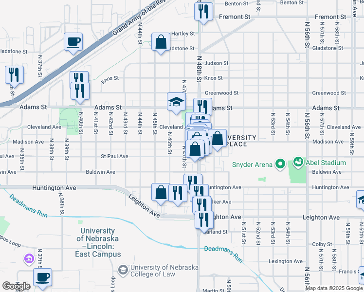 map of restaurants, bars, coffee shops, grocery stores, and more near 4626 Madison Avenue in Lincoln