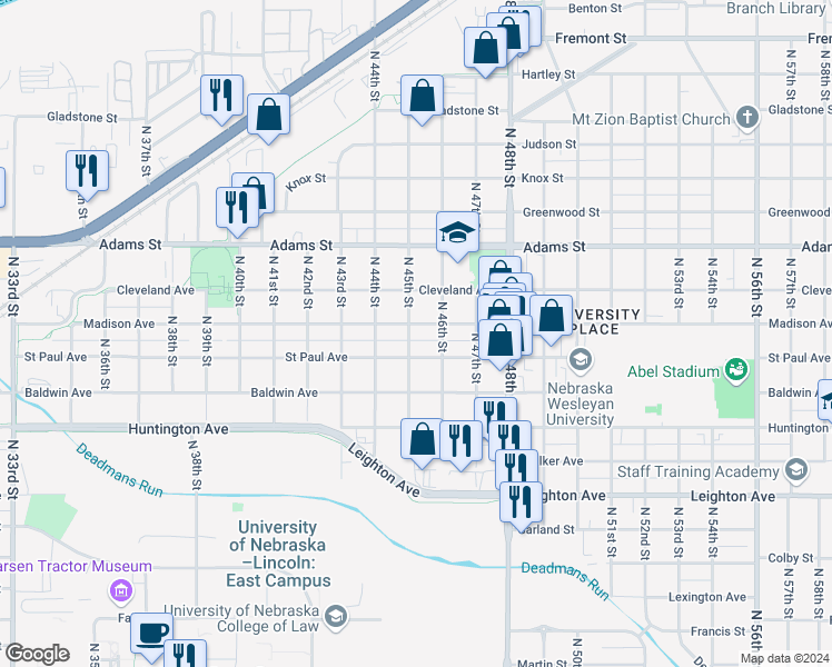 map of restaurants, bars, coffee shops, grocery stores, and more near 4518 Madison Avenue in Lincoln