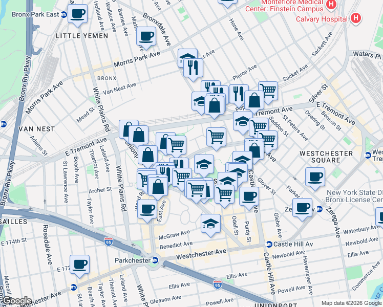map of restaurants, bars, coffee shops, grocery stores, and more near 1507 Metropolitan Avenue in Bronx