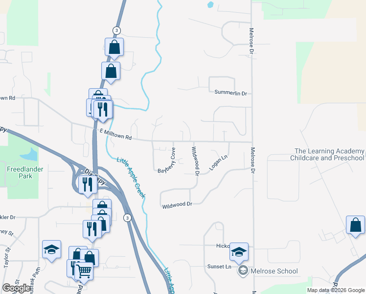 map of restaurants, bars, coffee shops, grocery stores, and more near 3012 Bayberry Cove in Wooster