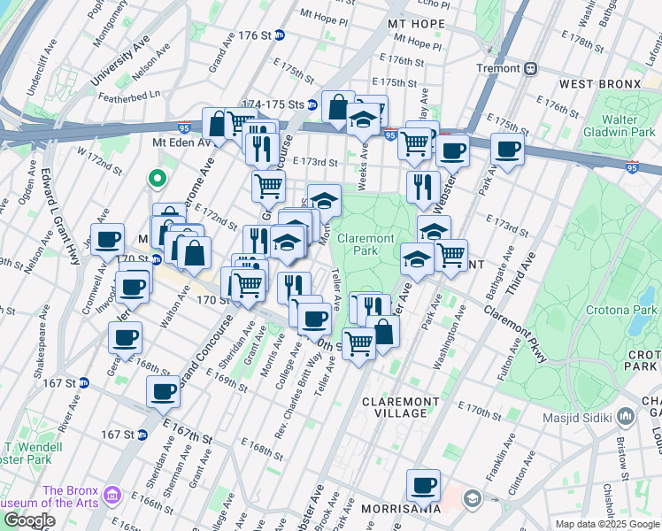 map of restaurants, bars, coffee shops, grocery stores, and more near in The Bronx