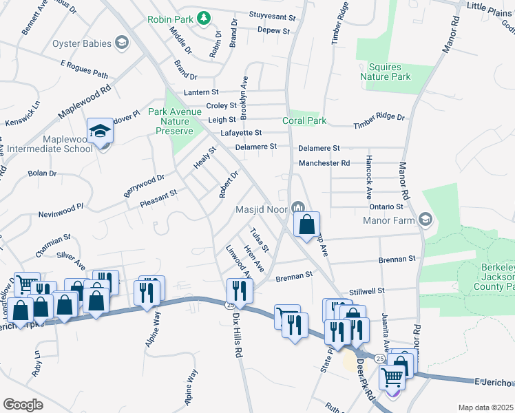 map of restaurants, bars, coffee shops, grocery stores, and more near 5 Keeler Street in Huntington