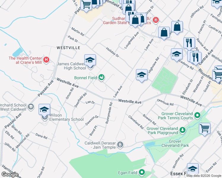 map of restaurants, bars, coffee shops, grocery stores, and more near 15 Woodmere Court in Caldwell