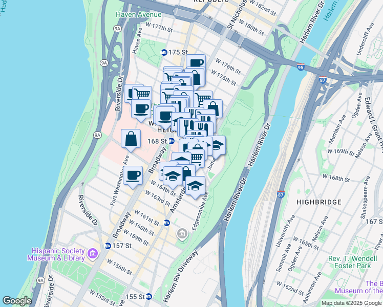 map of restaurants, bars, coffee shops, grocery stores, and more near 512 West 168th Street in New York