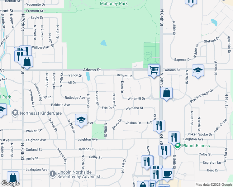 map of restaurants, bars, coffee shops, grocery stores, and more near 2744 North 81st Street in Lincoln