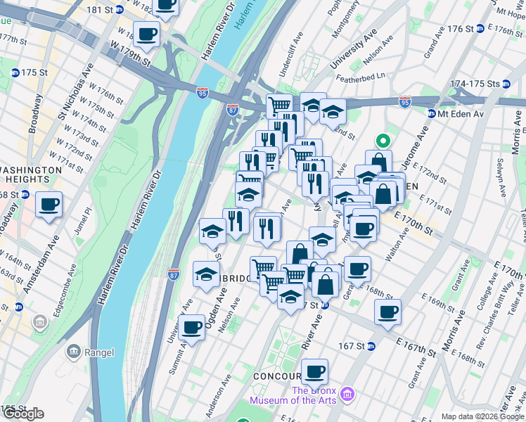 map of restaurants, bars, coffee shops, grocery stores, and more near in The Bronx