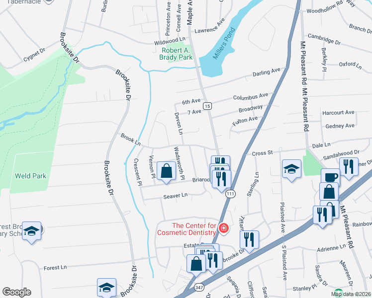 map of restaurants, bars, coffee shops, grocery stores, and more near 16 Brook Lane in Smithtown