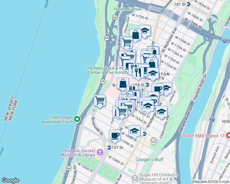 map of restaurants, bars, coffee shops, grocery stores, and more near 125 Fort Washington Avenue in New York
