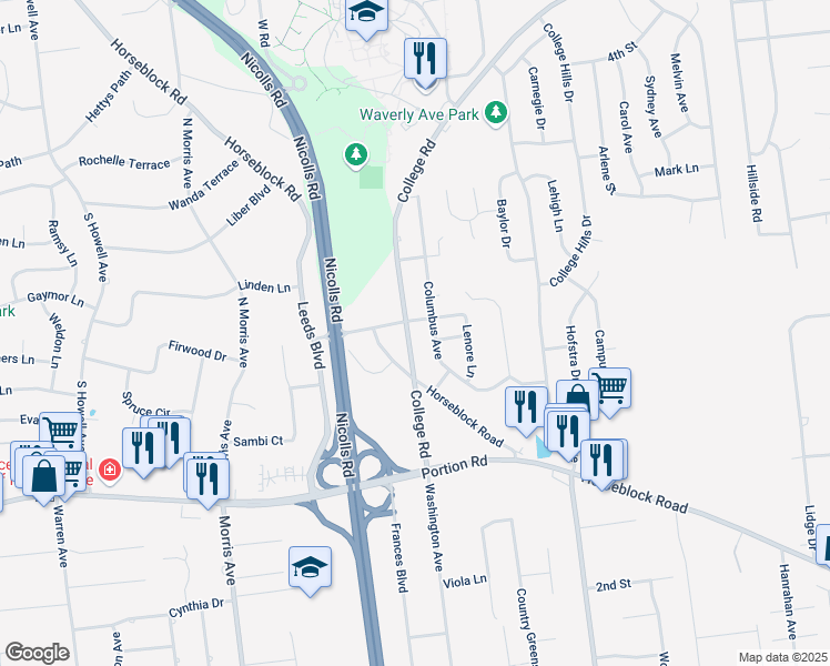 map of restaurants, bars, coffee shops, grocery stores, and more near 2 Highland Place in Farmingville