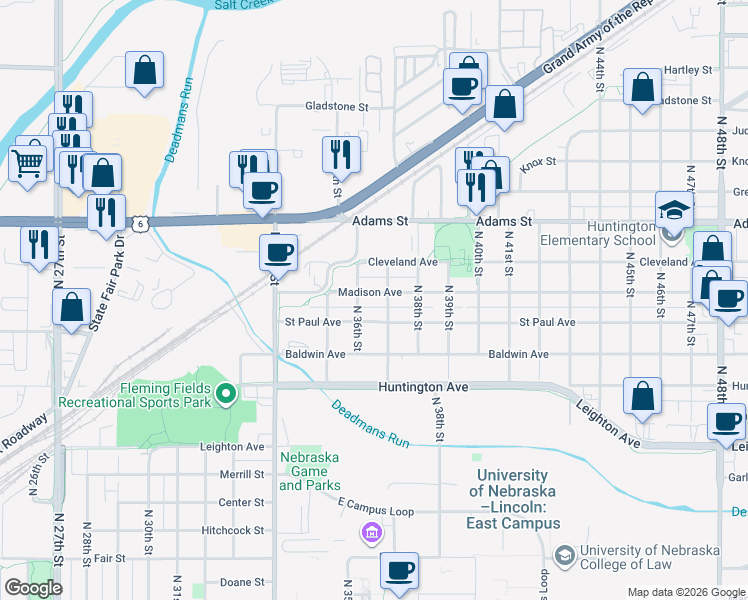 map of restaurants, bars, coffee shops, grocery stores, and more near 3618 Madison Avenue in Lincoln