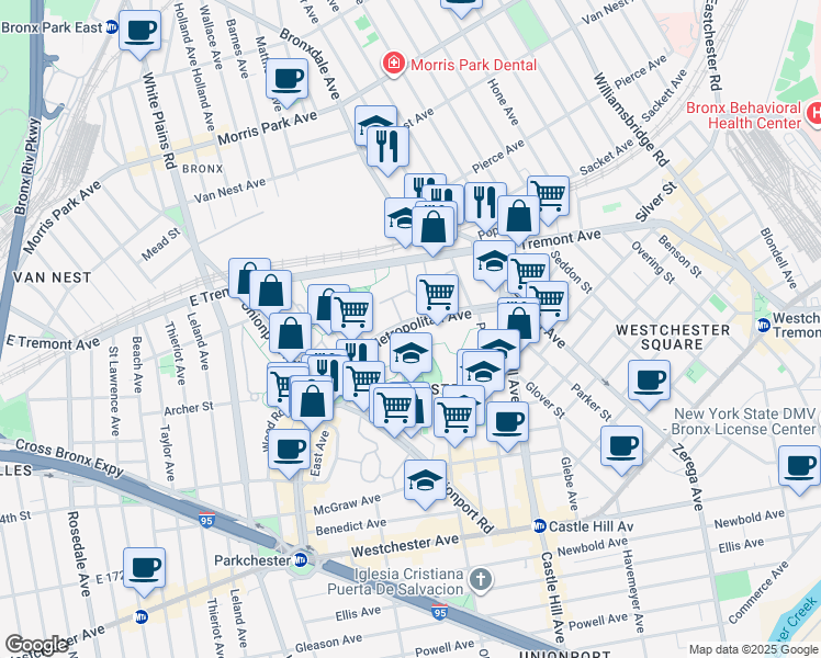 map of restaurants, bars, coffee shops, grocery stores, and more near 1600 Metropolitan Avenue in Bronx