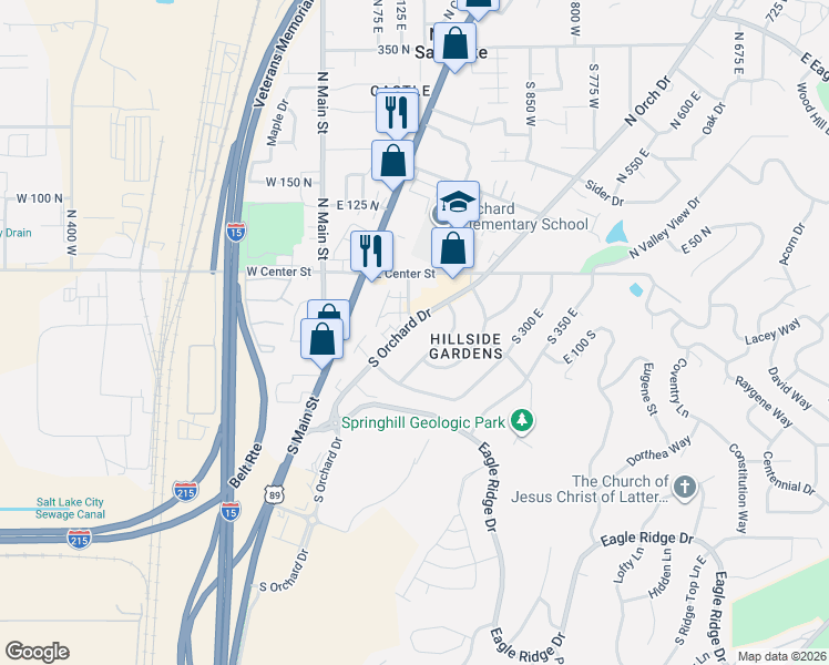 map of restaurants, bars, coffee shops, grocery stores, and more near 87 South Orchard Drive in North Salt Lake
