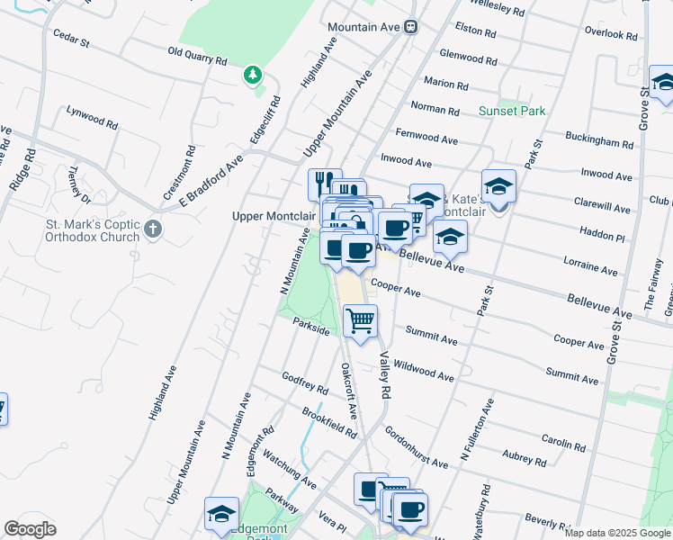 map of restaurants, bars, coffee shops, grocery stores, and more near 270 Bellevue Avenue in Montclair