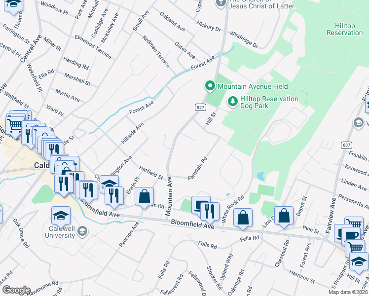 map of restaurants, bars, coffee shops, grocery stores, and more near 82 County Road 527 in North Caldwell