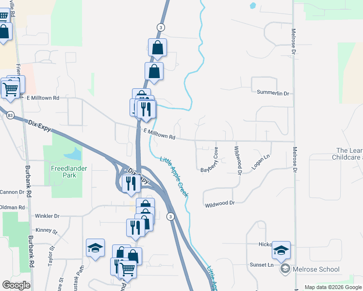 map of restaurants, bars, coffee shops, grocery stores, and more near 1065 East Milltown Road in Wooster
