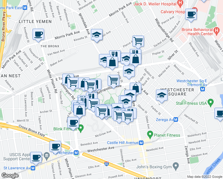 map of restaurants, bars, coffee shops, grocery stores, and more near 1669 Metropolitan Avenue in Bronx