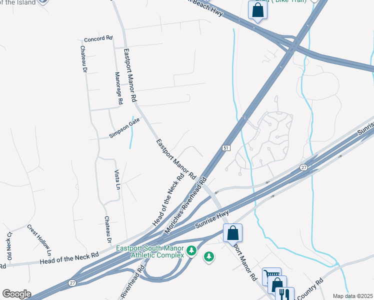 map of restaurants, bars, coffee shops, grocery stores, and more near 147 Eastport Manor Road in Manorville