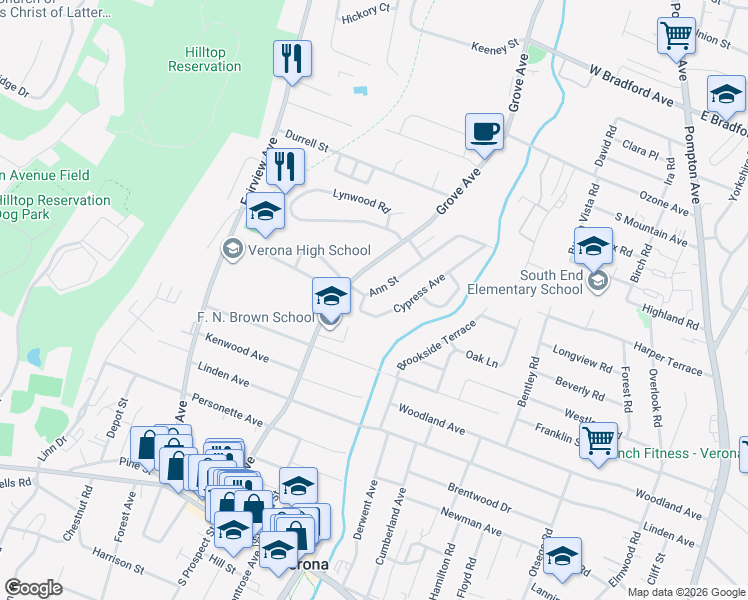 map of restaurants, bars, coffee shops, grocery stores, and more near 1 Ann Street in Verona
