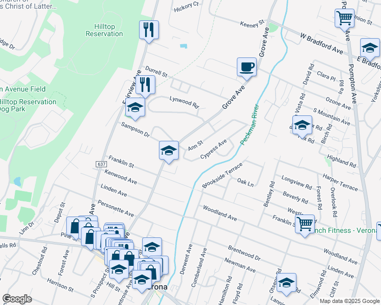 map of restaurants, bars, coffee shops, grocery stores, and more near 1 Ann Street in Verona