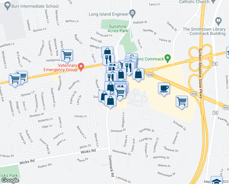 map of restaurants, bars, coffee shops, grocery stores, and more near 115 Commack Road in Commack