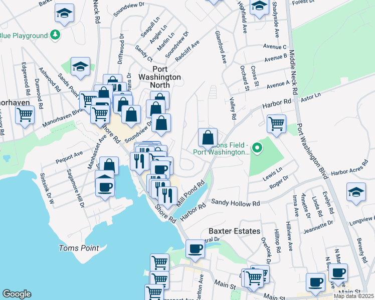 map of restaurants, bars, coffee shops, grocery stores, and more near 249 Pond View Drive in Port Washington