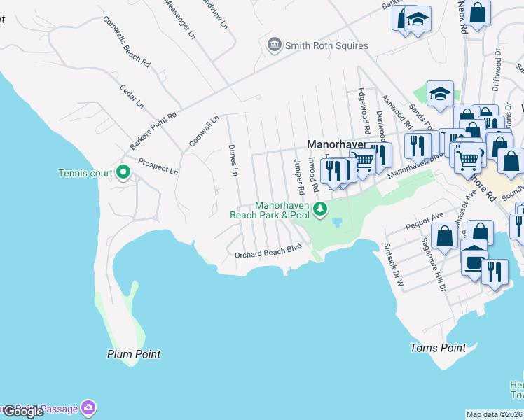 map of restaurants, bars, coffee shops, grocery stores, and more near Marwood Road South in Port Washington