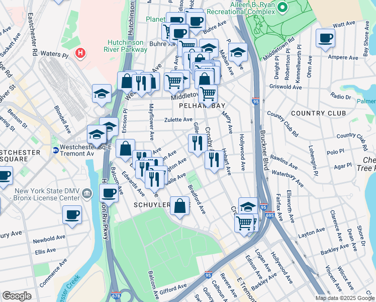 map of restaurants, bars, coffee shops, grocery stores, and more near 2922 Harrington Avenue in Bronx