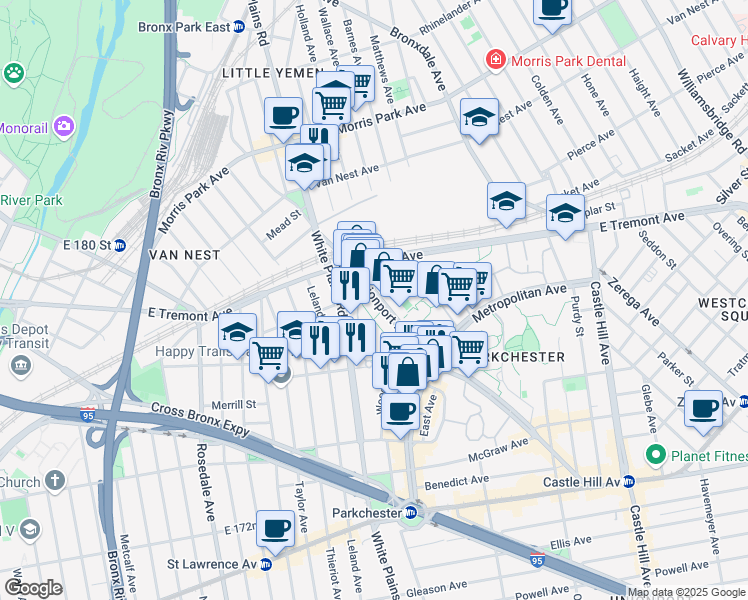 map of restaurants, bars, coffee shops, grocery stores, and more near 1619 Unionport Road in The Bronx