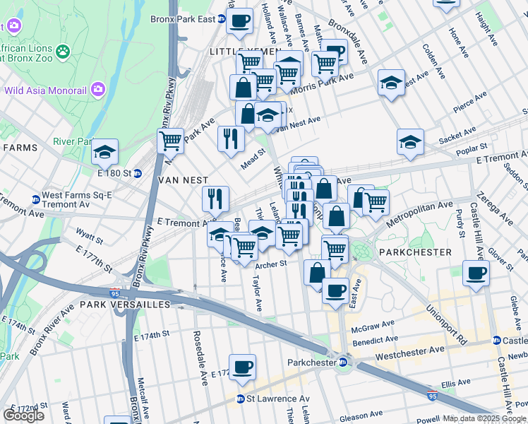 map of restaurants, bars, coffee shops, grocery stores, and more near 1841 East Tremont Avenue in The Bronx