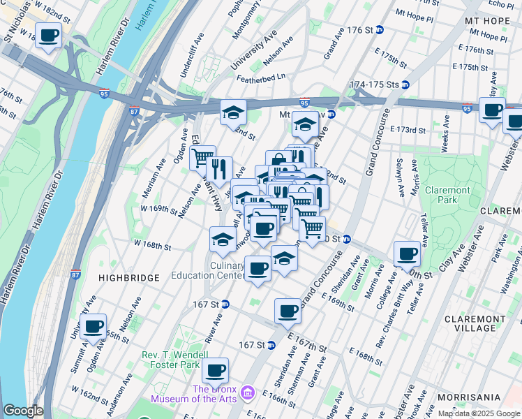 map of restaurants, bars, coffee shops, grocery stores, and more near in The Bronx