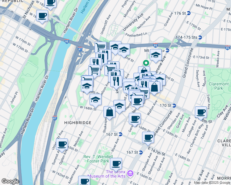 map of restaurants, bars, coffee shops, grocery stores, and more near 1348 Edward L Grant Highway in Bronx