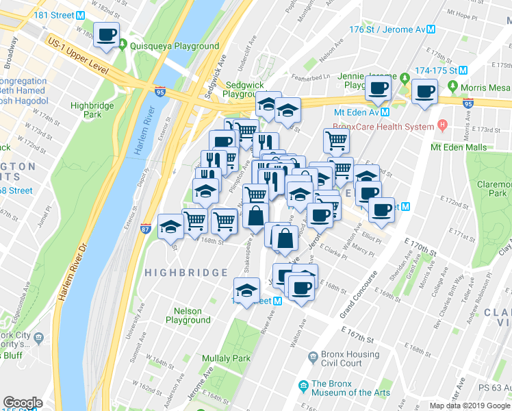 map of restaurants, bars, coffee shops, grocery stores, and more near 1340 Nelson Avenue in Bronx