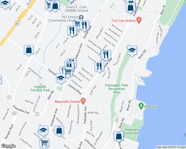 map of restaurants, bars, coffee shops, grocery stores, and more near 216 Bellemeade Avenue in Fort Lee
