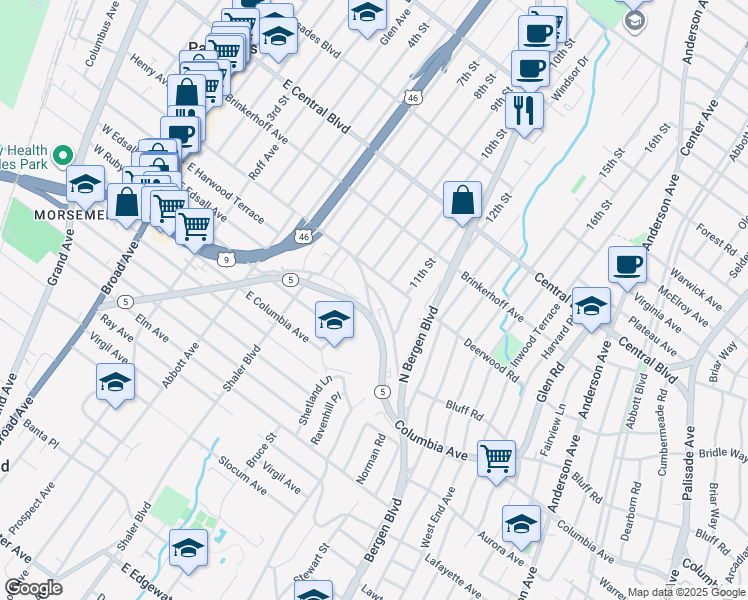 map of restaurants, bars, coffee shops, grocery stores, and more near 301 Northwood Way in Palisades Park