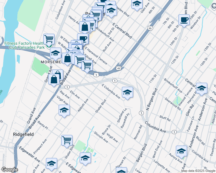 map of restaurants, bars, coffee shops, grocery stores, and more near 220 East Ruby Avenue in Palisades Park