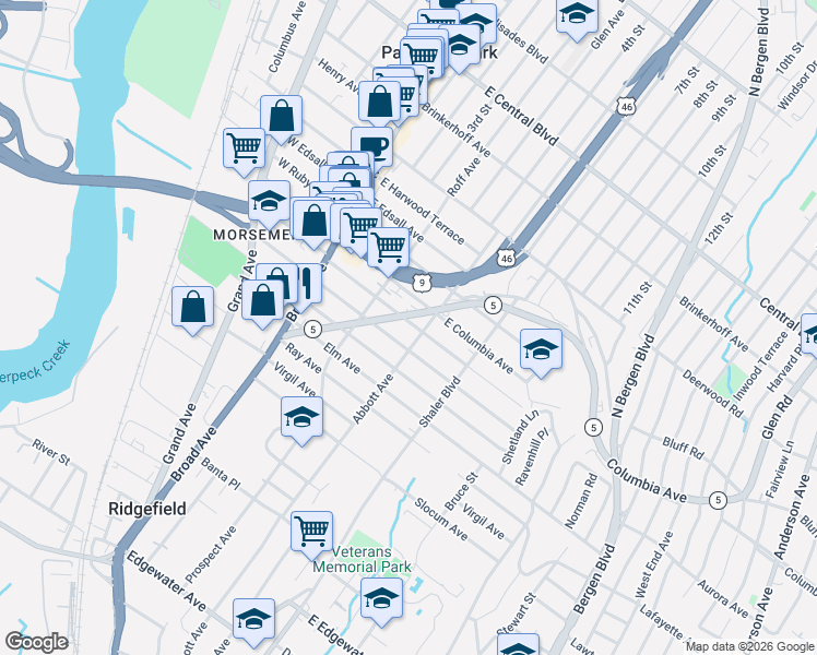 map of restaurants, bars, coffee shops, grocery stores, and more near 873 New Jersey 5 in Ridgefield