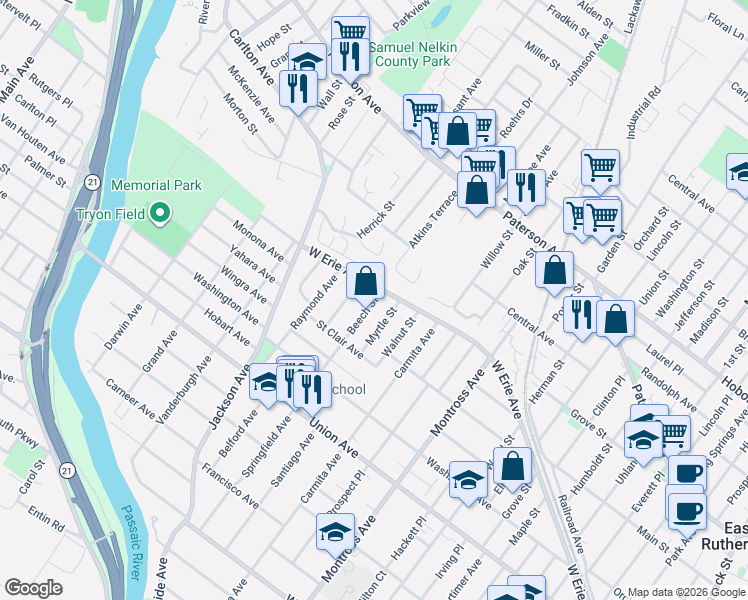 map of restaurants, bars, coffee shops, grocery stores, and more near 1 Beech Street in Rutherford