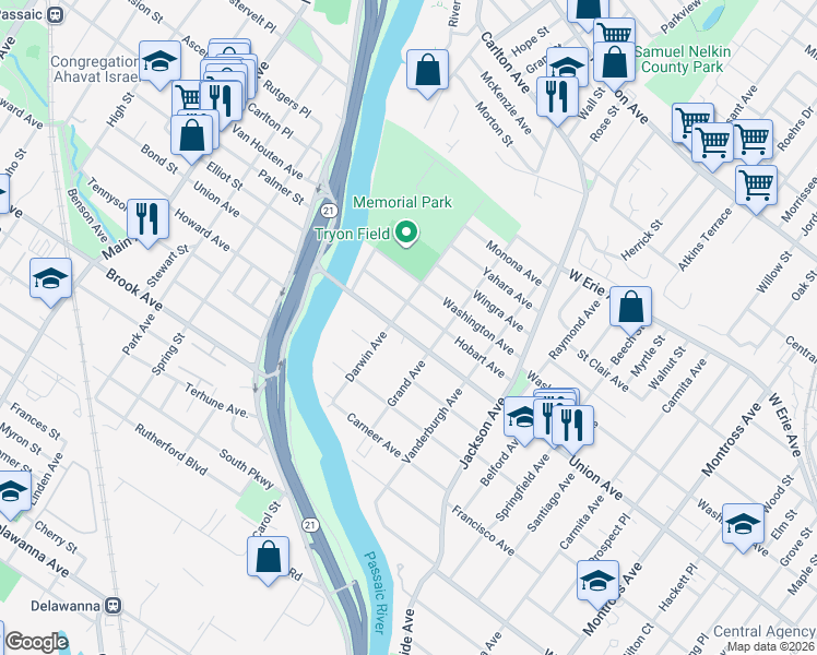 map of restaurants, bars, coffee shops, grocery stores, and more near 91 Hobart Avenue in Rutherford