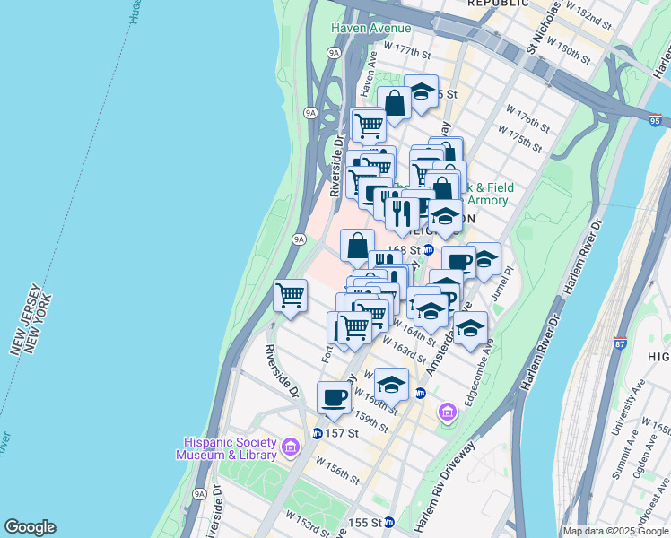 map of restaurants, bars, coffee shops, grocery stores, and more near 133 Fort Washington Avenue in New York