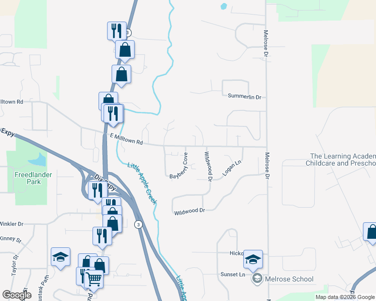map of restaurants, bars, coffee shops, grocery stores, and more near 3012 Bayberry Cove in Wooster