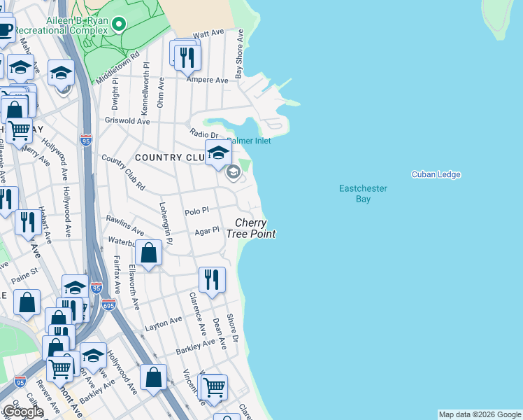 map of restaurants, bars, coffee shops, grocery stores, and more near 3391-10 Country Club Road in Bronx