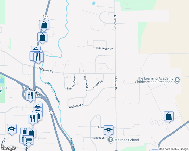 map of restaurants, bars, coffee shops, grocery stores, and more near 1400 East Milltown Road in Wooster