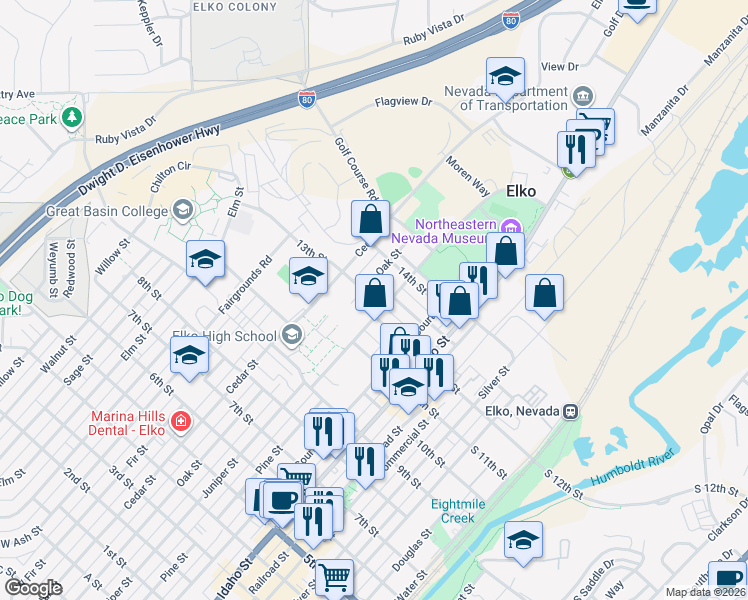 map of restaurants, bars, coffee shops, grocery stores, and more near 13th Street in Elko