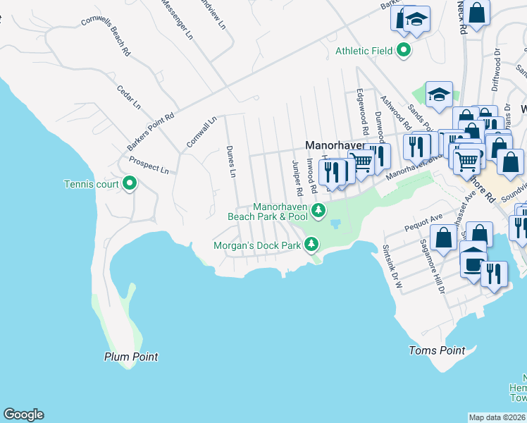 map of restaurants, bars, coffee shops, grocery stores, and more near 219 Manorhaven Boulevard in Port Washington
