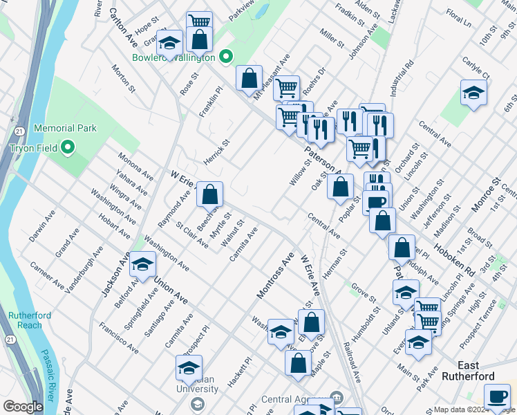 map of restaurants, bars, coffee shops, grocery stores, and more near 43 Willow Wood Court in East Rutherford