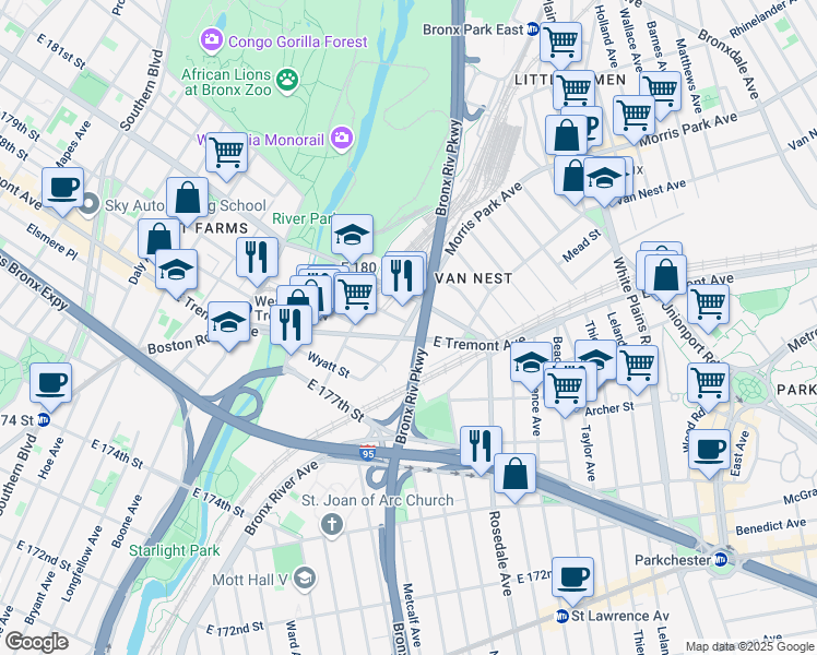 map of restaurants, bars, coffee shops, grocery stores, and more near 445 Morris Park Avenue in Bronx