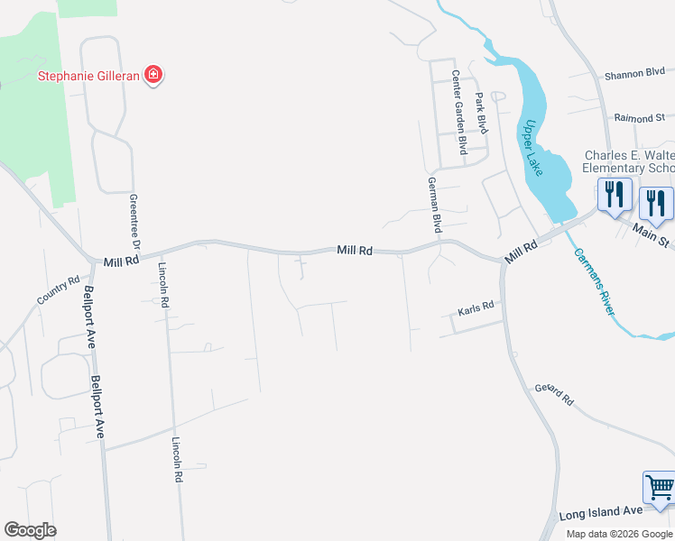 map of restaurants, bars, coffee shops, grocery stores, and more near 140 Mill Road in Yaphank
