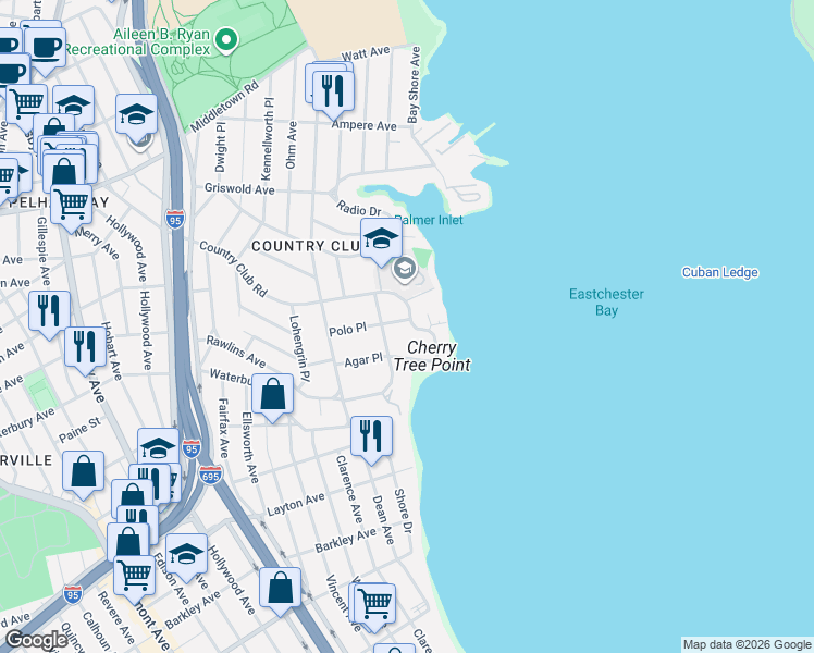 map of restaurants, bars, coffee shops, grocery stores, and more near 1 Country Club Road in Bronx