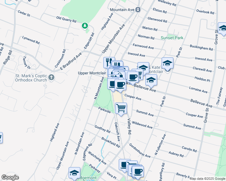 map of restaurants, bars, coffee shops, grocery stores, and more near 270 Bellevue Avenue in Montclair