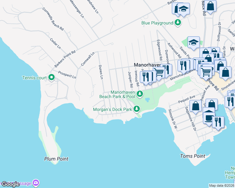 map of restaurants, bars, coffee shops, grocery stores, and more near 219 Manorhaven Boulevard in Port Washington